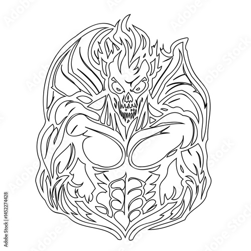 Fiery demonic creature outline, dark fantasy illustration, mythological being