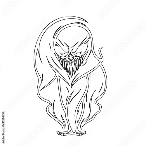 Monochromatic depiction of a spectral figure hinting at mortality and mystique