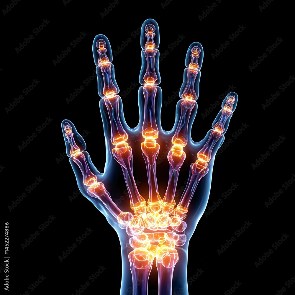Naklejka premium Translucent hand skeleton illustration with glowing joints on a black background.