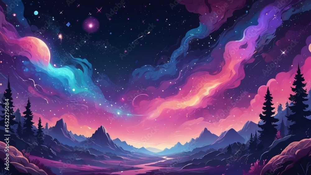 Cosmic Background with Starry Night Sky, Distant Galaxies, and Vibrant Nebulas. Cosmic Background with Starry Night Sky, Distant Galaxies, and Vibrant Nebulas.