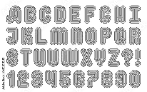Abstract line bold letters and numbers. Geometric shapes alphabet, modern stripe pattern typography. Minimalist curved arc, simple shaped circle. Zen arch boho elements, art deco mid century typeface