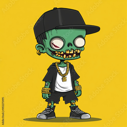 Cartoon Zombie Kid in Hip-Hop Outfit with Gold Chain and Cap, Funny Green-Skinned Mascot Character Vector Illustration