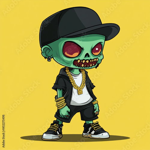 Cartoon Zombie Kid in Hip-Hop Outfit with Gold Chain and Cap, Funny Green-Skinned Mascot Character Vector Illustration