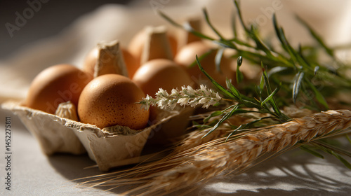 A carton of organic brown eggs on a abstemious background with wheat chaff and herbs.