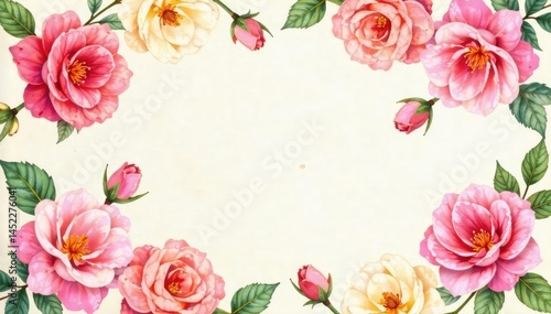 Delicate watercolor roses repeat in soft hues on vintage paper , watercolor, illustration, spring