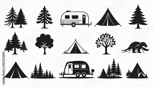 Camping Silhouettes With Tents Trees Trailer And Animal Vector Graphics