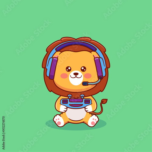 Vector illustration of cute cartoon lion holding joystick and wearing headphone. Animal and technology icon concept Isolated. lion cub in flat cartoon style.