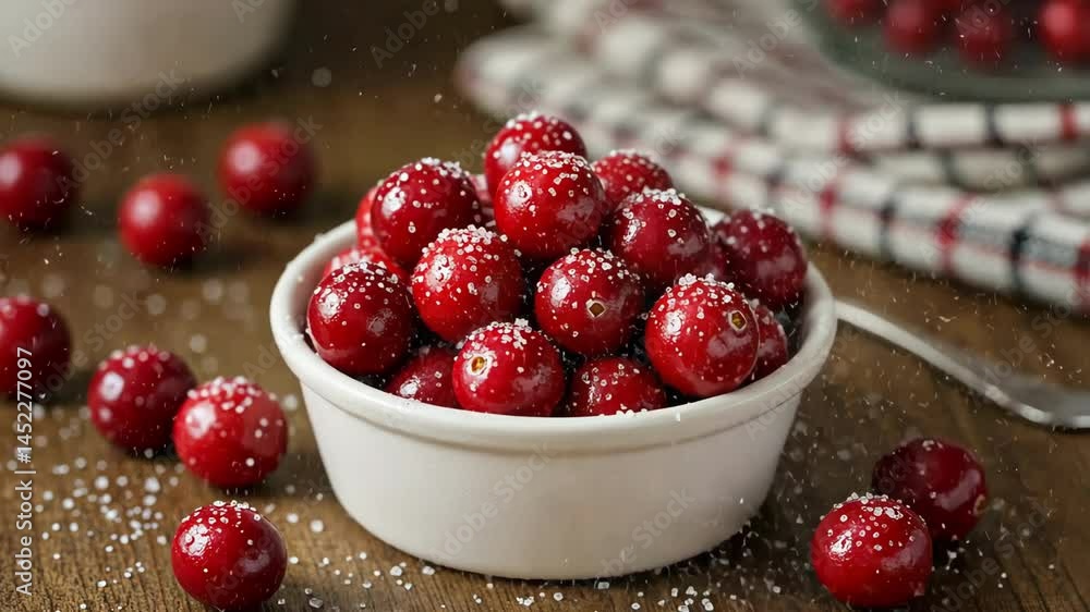 Sugared cranberries in bowl, festive food image Sugared cranberries in bowl, festive food image