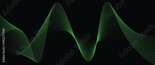 Vector abstract light lines wavy flowing dynamic in green colors isolated on black background.