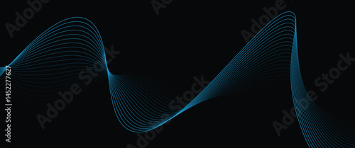 Vector abstract light lines wavy flowing dynamic in blue colors isolated on black background.