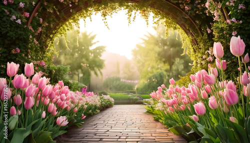 Enchanting garden path lined with vibrant pink tulips, arching under a floral trellis bathed in warm sunlight.  Perfect for spring themes, romance, or nature-inspired designs.