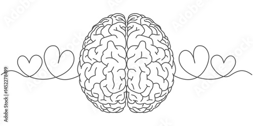 line drawing of human brain and heart. Vector illustration, line drawing of half of human brain and love in shape of heart logo icon. Philosophical love