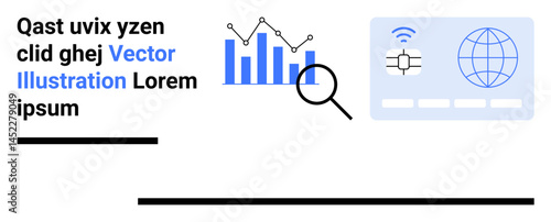 Magnifying glass over bar chart, global icon, network chip. Ideal for data, research, technology, analytics, global connectivity, AI simple landing page
