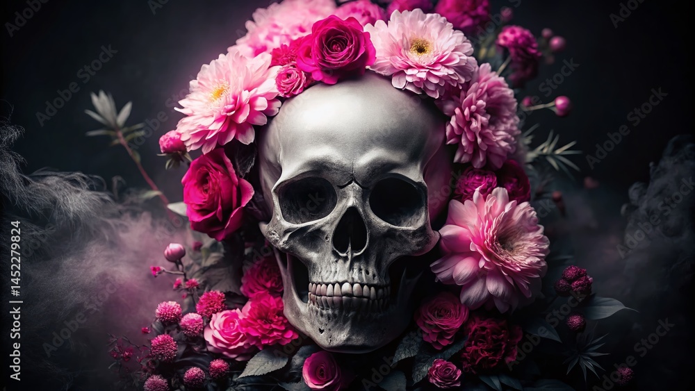 Dark Eerie Skull Double Exposure with Pink Flowers - Stock Photo Dark Eerie Skull Double Exposure with Pink Flowers - Stock Photo