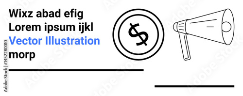 Megaphone amplifying a dollar coin concept, suggesting financial announcements, marketing, or growth strategy discussions. Ideal for funding, advertising, business strategy, promotions, branding
