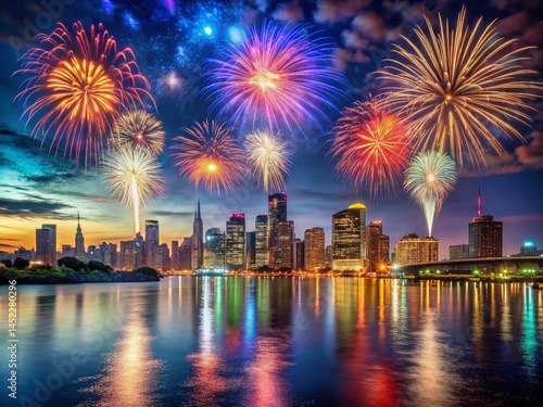 Dazzling Fireworks Display over City River at Night
