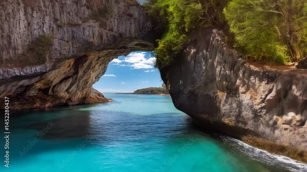 Seascape view through a large stone cave opening reveals calm, clear turquoise water and a distant island beneath a partly cloudy sky. Seascape view through a large stone cave opening reveals calm, clear turquoise water and a distant island beneath a partly cloudy sky.