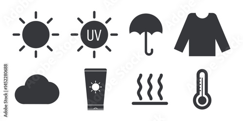 Bundle icon set sun and sv light protection and summer heatwave