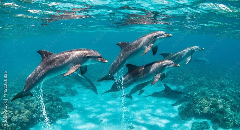 Obraz premium Pod Of Dolphins Gracefully Swim In Turquoise Ocean Waters Above Vibrant Coral Reefs Aquatic Beauty In Natural Habitat