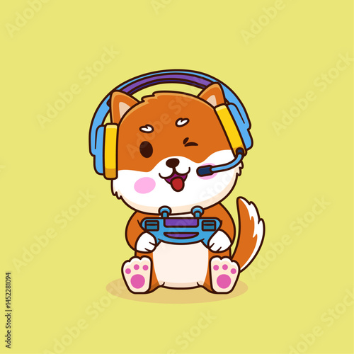 Vector illustration of cute cartoon shiba inu holding joystick and wearing headphone. Animal and technology icon concept Isolated. Baby shiba inu in flat cartoon style.