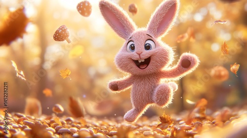 Playful Cartoon Bunny Joyfully Hopping Among Mushrooms and Autumn Leaves Made with Generative AI Technology