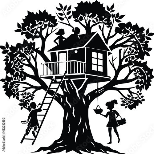Black Silhouette Treehouse: Kids Playing, Ladder, Balcony, Branch, Nature, Playtime Fun