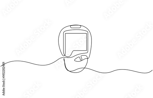 Continuous one line drawing of diabetes equipment's. Medical health care concept, One continuous line drawing of Blood glucose meter test illustration. glucometer pharmacy equipment outline.