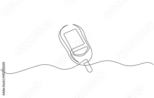 Continuous one line drawing of diabetes equipment's. Medical health care concept, One continuous line drawing of Blood glucose meter test illustration. glucometer pharmacy equipment outline.
