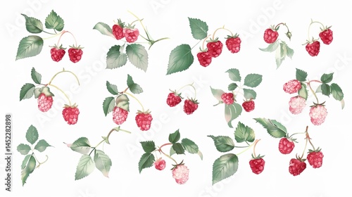Wallpaper Mural Raspberries adorned with leaves are presented in isolation on a pristine white background. This visually appealing sight, perhaps crafted with generative AI, showcases the natural beauty and freshness Torontodigital.ca
