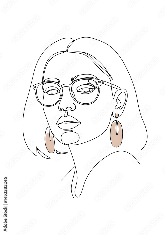 Minimalist portrait of a woman with glasses and earrings, drawn with a single continuous line. Minimalist portrait of a woman with glasses and earrings, drawn with a single continuous line.
