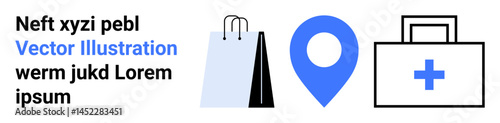 Free Download Shopping bags, location pinpoint, and a first aid kit promoting retail, healthcare, navigation, and customer assistance. Ideal for e-commerce, delivery, navigation healthcare services retail - GFXLoad