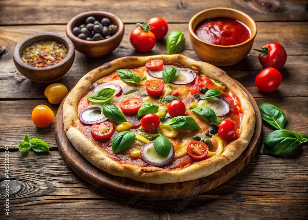 Delicious Pizza with Toppings and Dipping Sauce on Rustic Wooden Table - Stock Photo