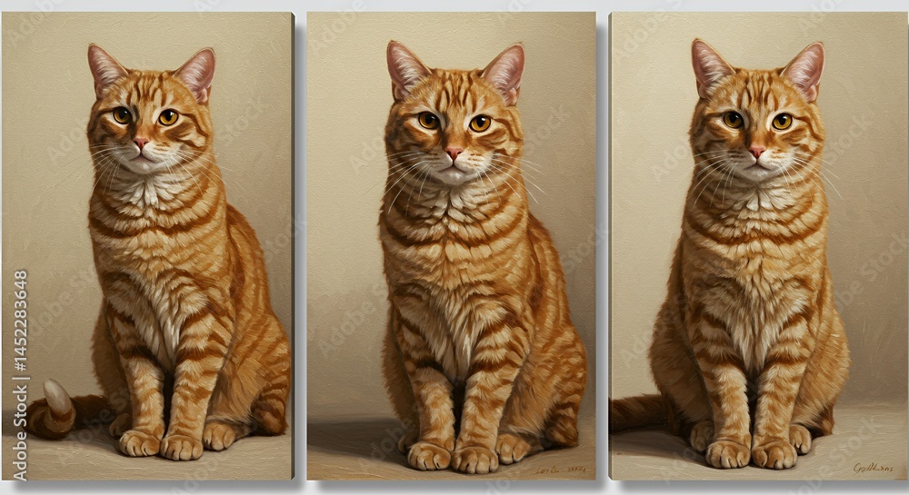 Triptych Oil Painting of Three Ginger Tabby Cats in Varying Poses Against a Warm Textured Cream Background Under Soft Lighting Triptych Oil Painting of Three Ginger Tabby Cats in Varying Poses Against a Warm Textured Cream Background Under Soft Lighting