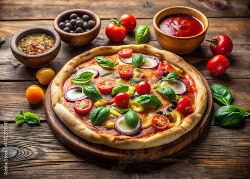 Obraz na płótnie Delicious Pizza with Toppings and Dipping Sauce on Rustic Wooden Table - Stock Photo w salonie