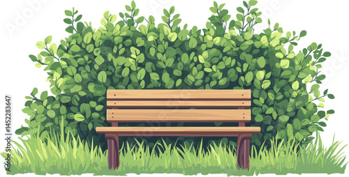 Green plants bushes with park bench isolated on white background with clipping path