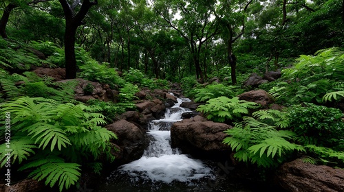 Lush Jungle Stream Tranquil Waterfall Oasis.