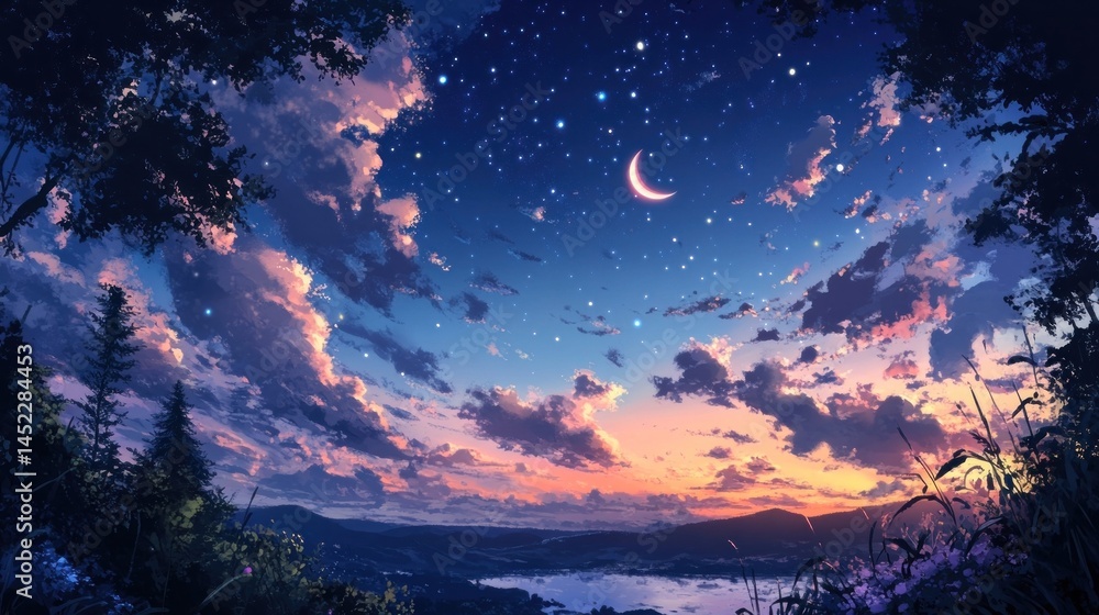 Fototapeta premium A beautiful night sky with a crescent moon and stars illustration atmosphere landscape.