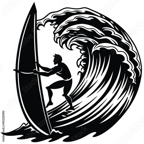 Black and White Surfer Riding a Wave Illustration, Silhouette, Ocean, Surfboard, Art