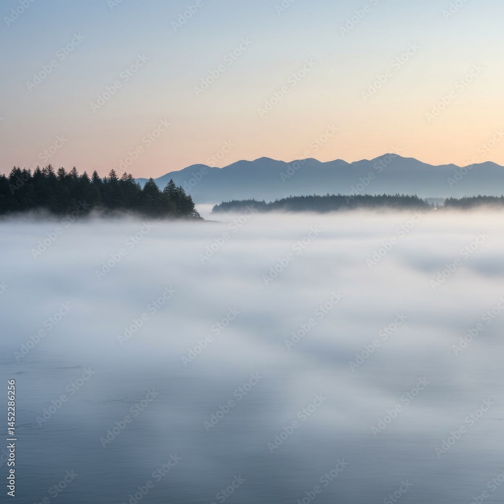 Fototapeta premium Misty Morning Seascape with Island Silhouette