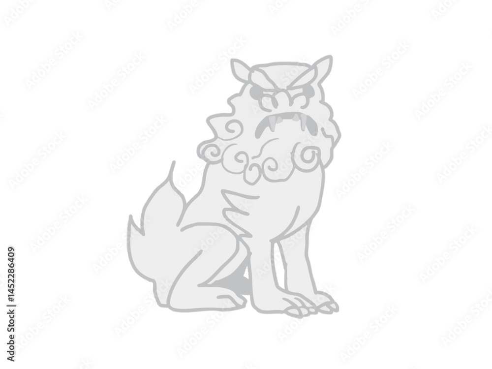 Illustration of a guardian lion dog with its mouth closed, guarding the grounds of a shrine Illustration of a guardian lion dog with its mouth closed, guarding the grounds of a shrine