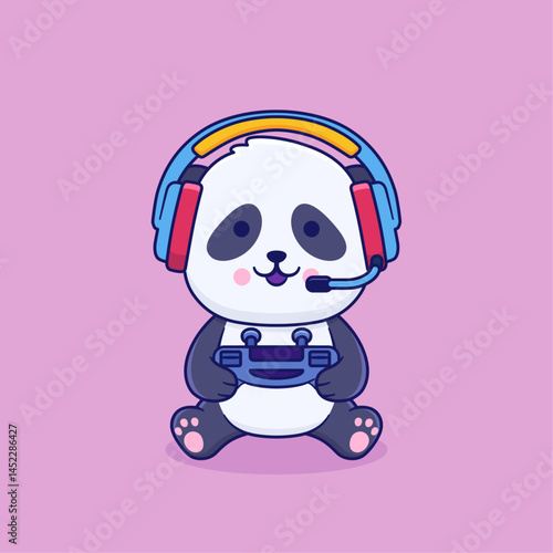 Vector illustration of cute cartoon panda holding joystick and wearing headphone. Animal and technology icon concept Isolated. Baby panda in flat cartoon style.