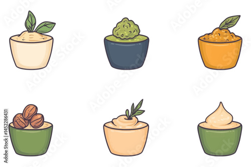 Set of Delicious Dips and Spreads, Six different dips and spreads in bowls, perfect for snacks or appetizers.