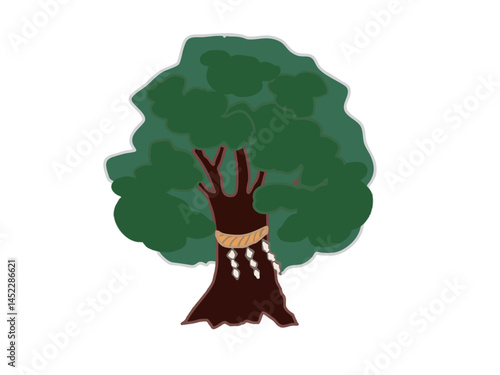 Illustration of a sacred tree with a rope tied around it