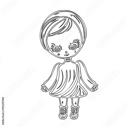 Stylized line drawing of a tearful character with pronounced emotions