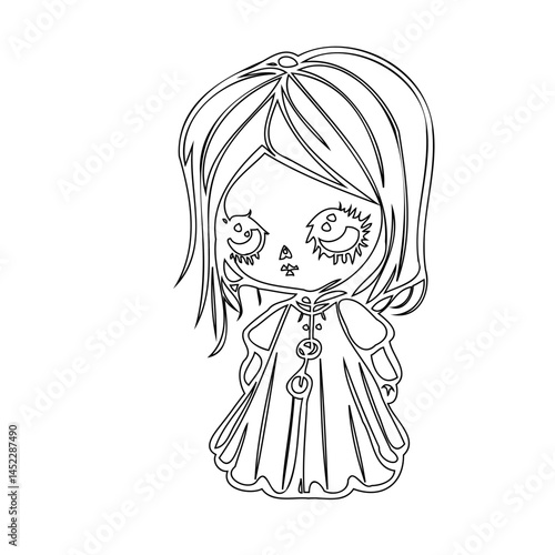 Whimsical gothic doll outline, a captivating blend of cute and eerie elegance