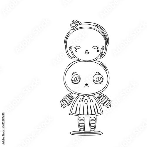 Whimsical monochrome drawing of a charmingly stacked character concept design