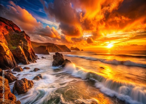 Dramatic Long Exposure Sunset Coastline Photography - Vibrant Ocean Hues