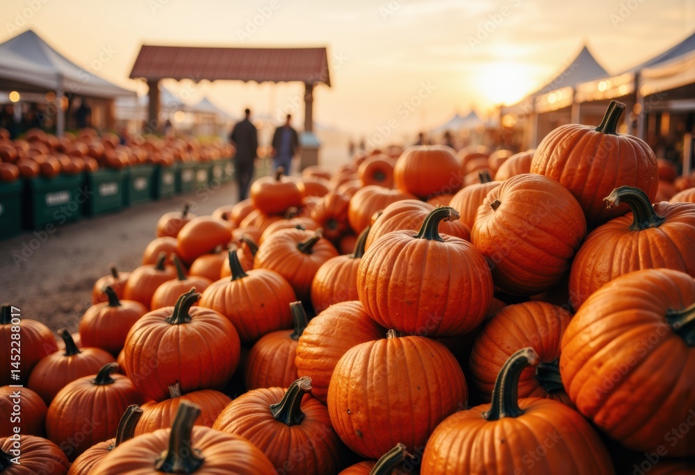 A vibrant display of pumpkins at a bustling autumn market during sunset A vibrant display of pumpkins at a bustling autumn market during sunset