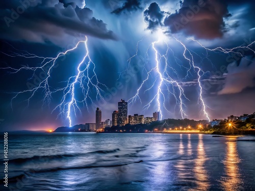 Dramatic Silhouette of Cityscape at Night, Lightning Storm Over Coastal Metropolis