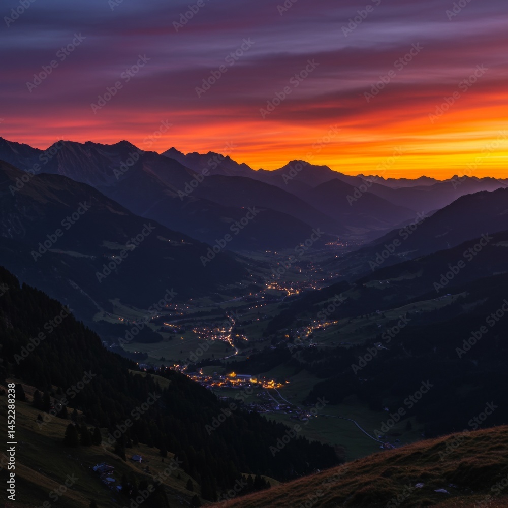 Fototapeta premium Vibrant Sunset over Alpine Valley and Mountain Range